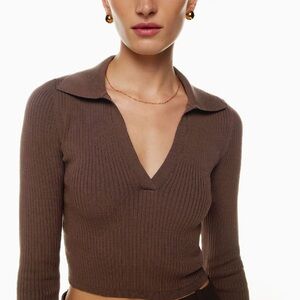 Aritzia Babaton Sculpt Knit Polo Longsleeve- Rich Mocha Brown